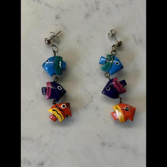 Handmade Vintage 80's Wooden Colorful Fish Dangle Earrings - Picture 4 of 4
